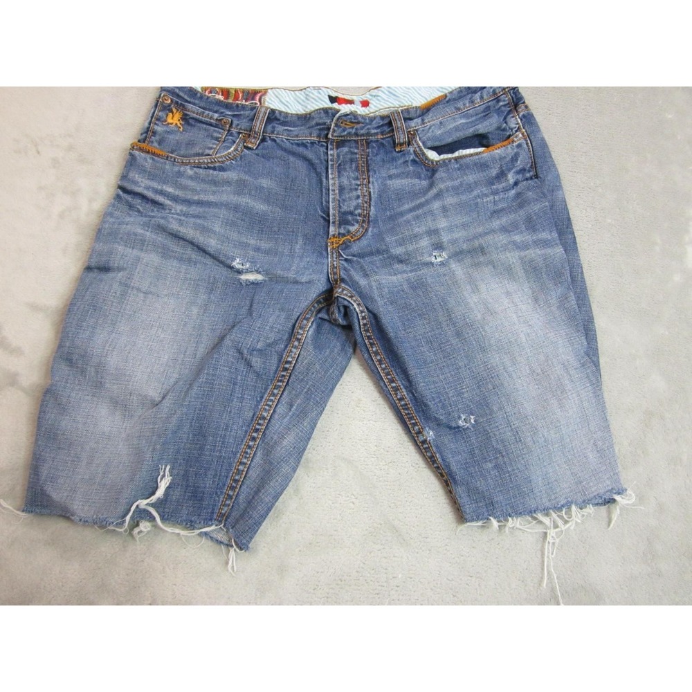 Coogi Shorts Mens 34 Blue Distressed Denim Cutoff Bermuda Relaxed Fit Frayed Hem